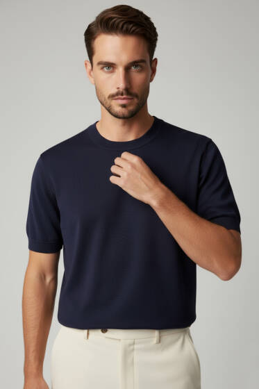 Basic Sıfır Yaka Erkek Triko T-shirt Lacivert - Babalar Günü