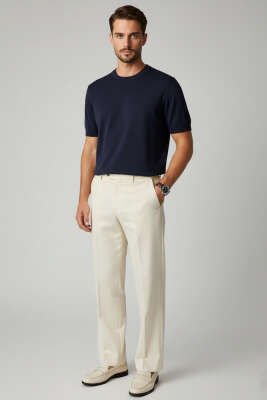 Basic Sıfır Yaka Erkek Triko T-shirt Lacivert - Erkek T-shirt