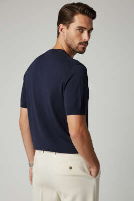 Basic Sıfır Yaka Erkek Triko T-shirt Lacivert - Erkek T-shirt