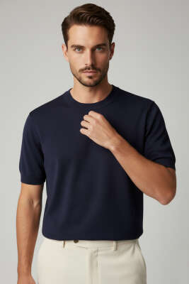 Basic Sıfır Yaka Erkek Triko T-shirt Lacivert - WİPEOUT