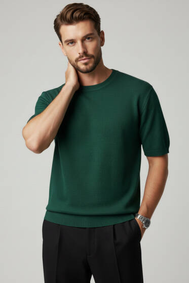 Basic Sıfır Yaka Erkek Triko T-shirt Nefti - Babalar Günü