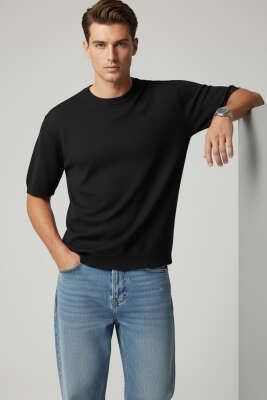Basic Sıfır Yaka Erkek Triko T-shirt Siyah 