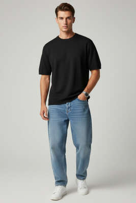 Basic Sıfır Yaka Erkek Triko T-shirt Siyah - Erkek T-shirt