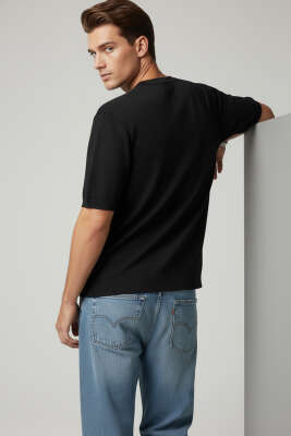 Basic Sıfır Yaka Erkek Triko T-shirt Siyah - Erkek T-shirt