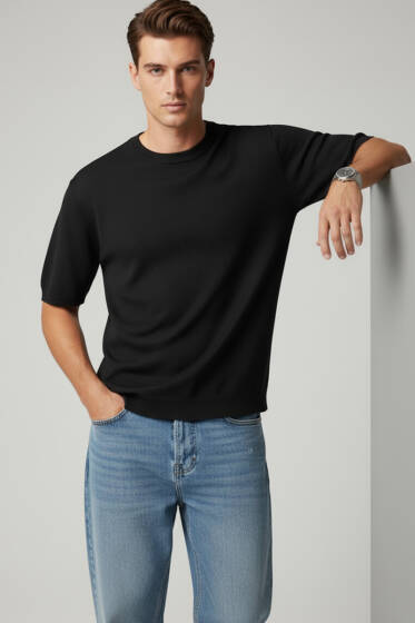 Basic Sıfır Yaka Erkek Triko T-shirt Siyah - Erkek Triko Tişört