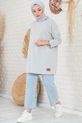 Basic Sweatshirt Gri Tunik - Thumbnail