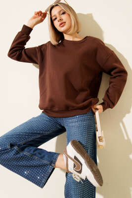 Basic Üç İplik Kısa Sweatshirt Kahve 
