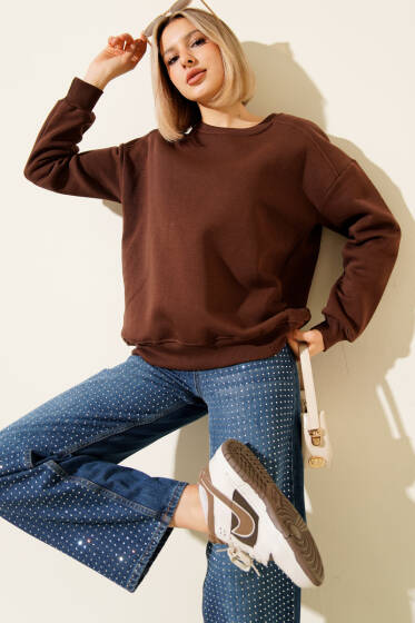 Basic Üç İplik Kısa Sweatshirt Kahve - Kadın Giyim Modelleri