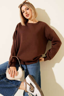 Basic Üç İplik Kısa Sweatshirt Kahve - Kadın Giyim Modelleri