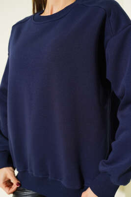 Basic Üç İplik Kısa Sweatshirt Lacivert - Kadın Giyim Modelleri