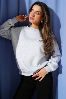 Basic Üç İplik Kısa Sweatshirt Melanj Gri 