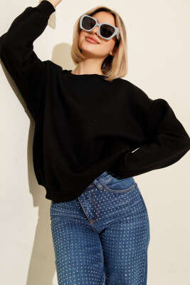 Basic Üç İplik Kısa Sweatshirt Siyah 