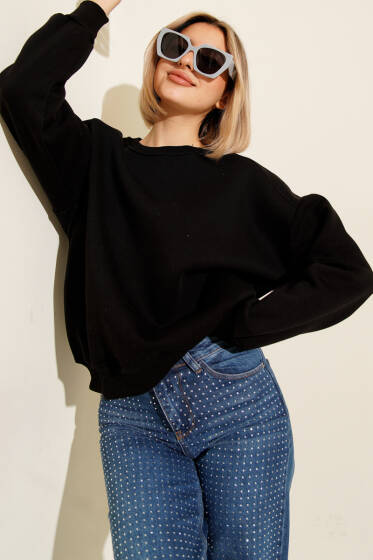 Basic Üç İplik Kısa Sweatshirt Siyah - Kadın Giyim Modelleri