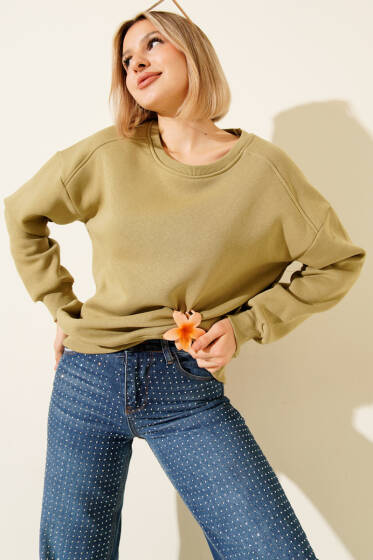 Basic Üç İplik Kısa Sweatshirt Yağ Yeşili - Kadın Giyim Modelleri