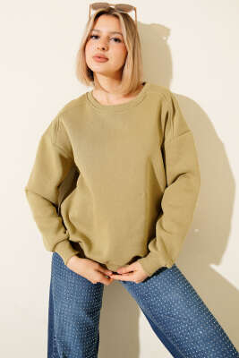 Basic Üç İplik Kısa Sweatshirt Yağ Yeşili - Kadın Giyim Modelleri