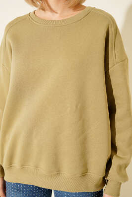 Basic Üç İplik Kısa Sweatshirt Yağ Yeşili - Kadın Giyim Modelleri