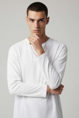 Basic Uzun Kollu Erkek Sweatshirt Beyaz - Erkek Sweatshirt