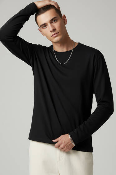 Basic Uzun Kollu Erkek Sweatshirt Siyah - Erkek Uzun Kollu Tişört