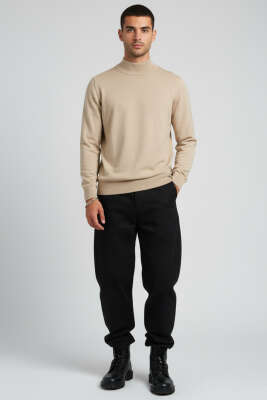 Basic Yarım Balıkçı Erkek Kazak Bej - Erkek Kazak