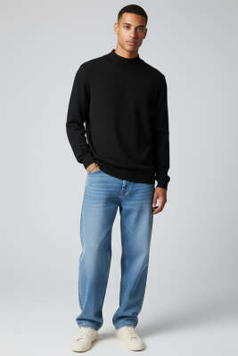 Basic Yarım Balıkçı Erkek Kazak Siyah - Erkek Kazak