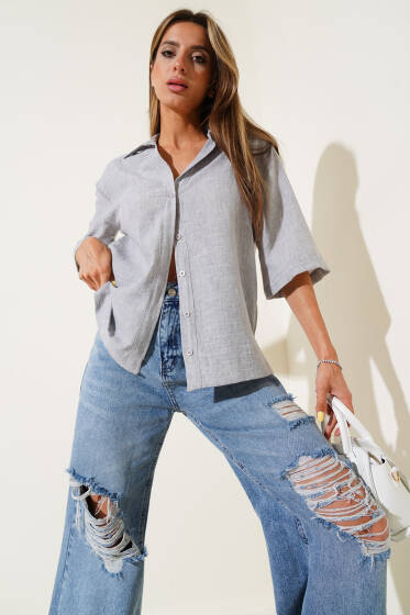 Basic Yarım Kol Gömlek Gri - Kadın Giyim Modelleri