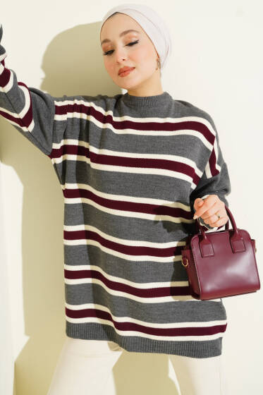 Basic Yatay Çizgi Detaylı Triko Tunik Füme - Tunik