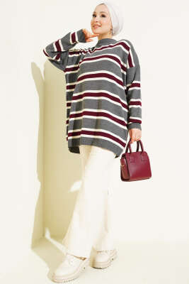 Basic Yatay Çizgi Detaylı Triko Tunik Füme - Tunik