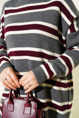 Basic Yatay Çizgi Detaylı Triko Tunik Füme - Tunik