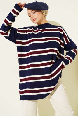 Basic Yatay Çizgi Detaylı Triko Tunik Lacivert - VANİZA TRİKO