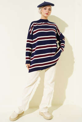 Basic Yatay Çizgi Detaylı Triko Tunik Lacivert - Tunik