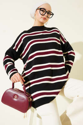 Basic Yatay Çizgi Detaylı Triko Tunik Siyah - VANİZA TRİKO