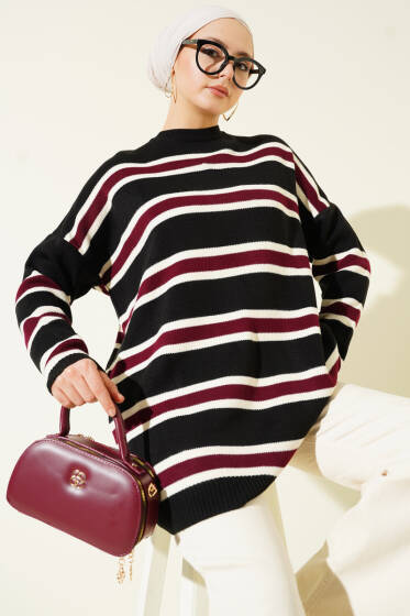 Basic Yatay Çizgi Detaylı Triko Tunik Siyah - Tunik