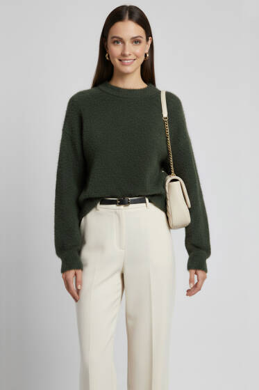 Basic Yumoş Sakallı Kazak Haki - Kadın Giyim Modelleri