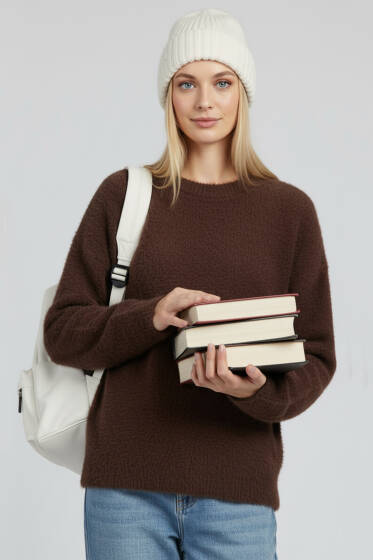 Basic Yumoş Sakallı Kazak Kahve - Kadın Giyim Modelleri