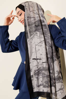 Baskı Desen Bambu Kraş Şal Antrasit 