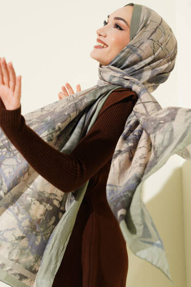 Baskı Desen Bambu Kraş Şal Çağla Yeşili - Başörtüsü