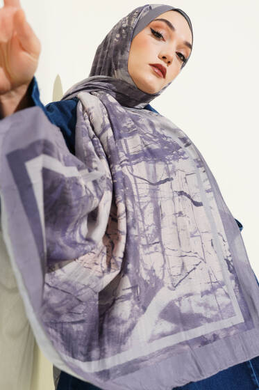 Baskı Desen Bambu Kraş Şal Gri - Başörtüsü