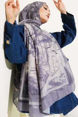 Baskı Desen Bambu Kraş Şal Gri - Başörtüsü