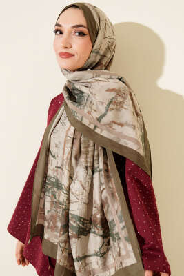 Baskı Desen Bambu Kraş Şal Haki 