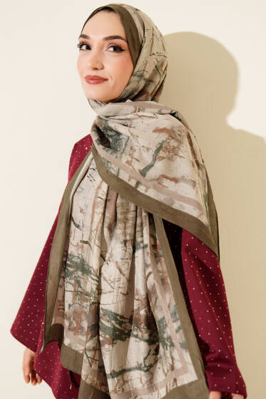 Baskı Desen Bambu Kraş Şal Haki - Başörtüsü