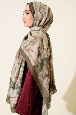 Baskı Desen Bambu Kraş Şal Haki - Başörtüsü