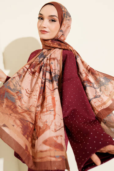 Baskı Desen Bambu Kraş Şal Kahve - Başörtüsü