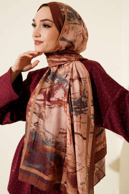 Baskı Desen Bambu Kraş Şal Kahve - Başörtüsü