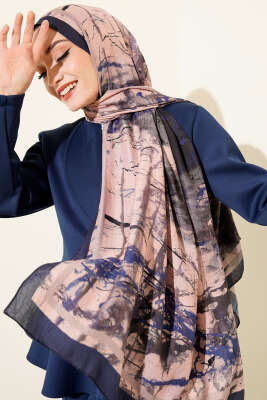 Baskı Desen Bambu Kraş Şal Lacivert 