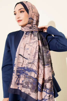 Baskı Desen Bambu Kraş Şal Lacivert - Başörtüsü