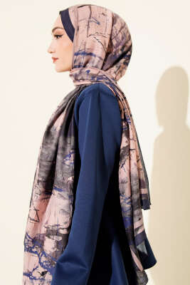 Baskı Desen Bambu Kraş Şal Lacivert - Başörtüsü