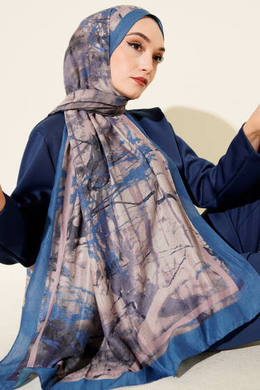 Baskı Desen Bambu Kraş Şal Mavi - Başörtüsü