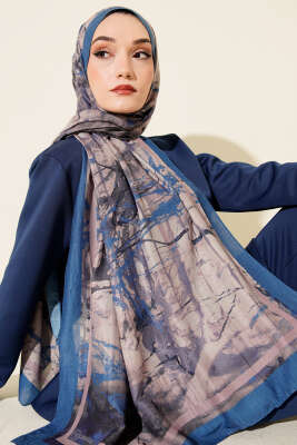Baskı Desen Bambu Kraş Şal Mavi - Başörtüsü