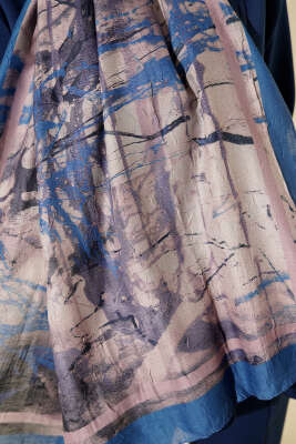 Baskı Desen Bambu Kraş Şal Mavi - Başörtüsü