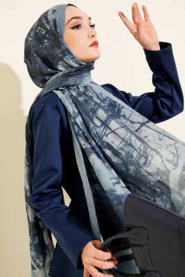 Baskı Desen Bambu Kraş Şal Soft Mavi - MODA KAŞMİR